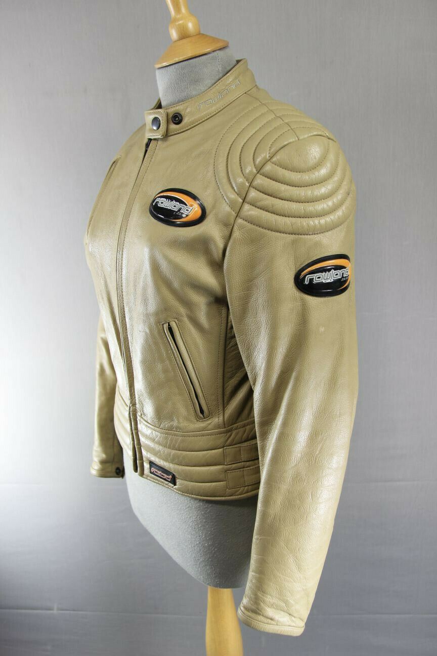 SUPERB RAWLAND BEIGE LEATHER BIKER JACKET WITH THERMAL LINING: 34 INCH/MEDIUM
