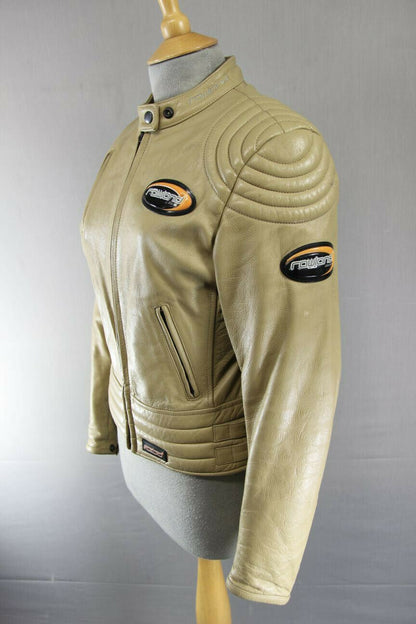 SUPERB RAWLAND BEIGE LEATHER BIKER JACKET WITH THERMAL LINING: 34 INCH/MEDIUM
