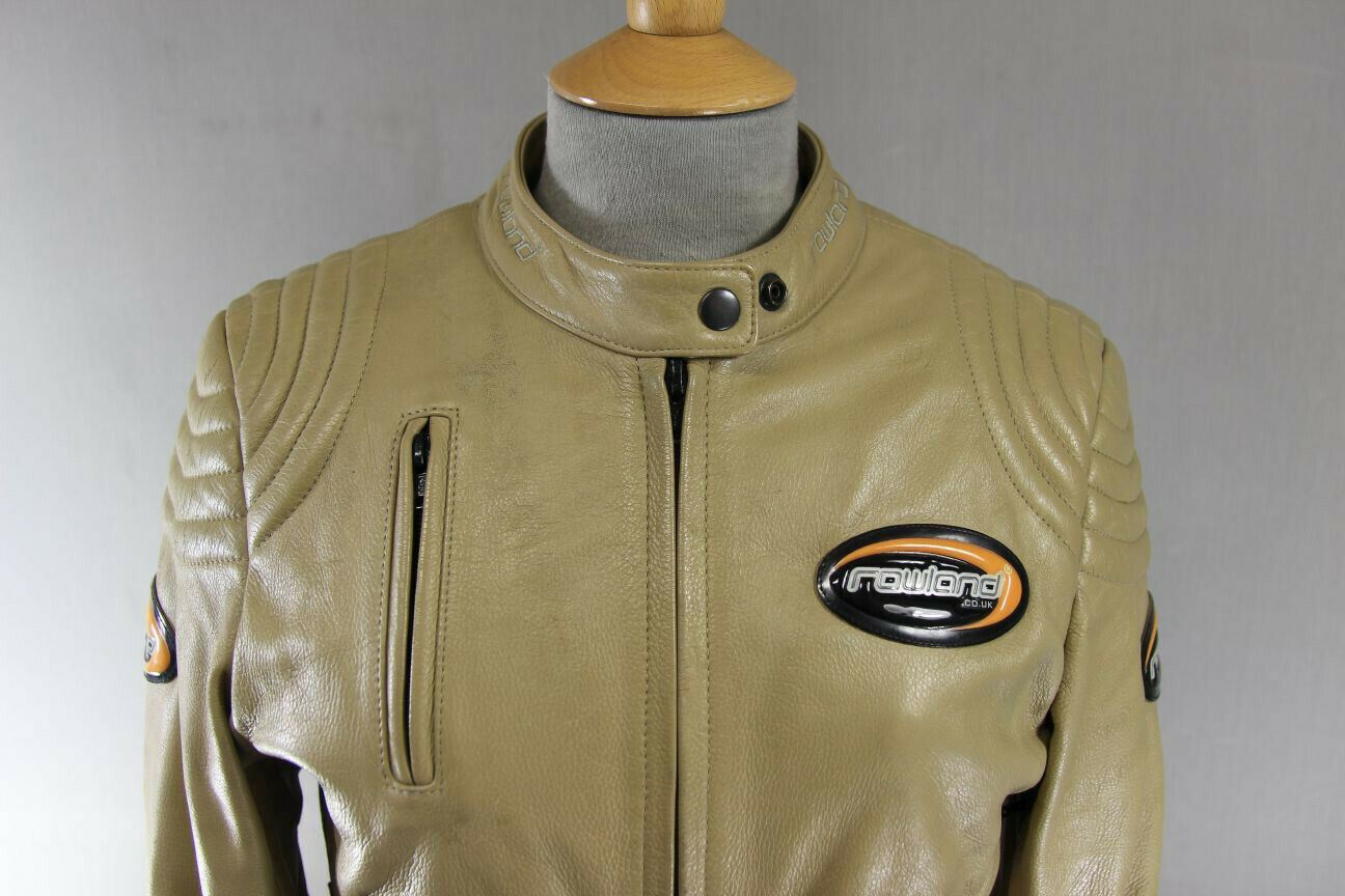 SUPERB RAWLAND BEIGE LEATHER BIKER JACKET WITH THERMAL LINING: 34 INCH/MEDIUM