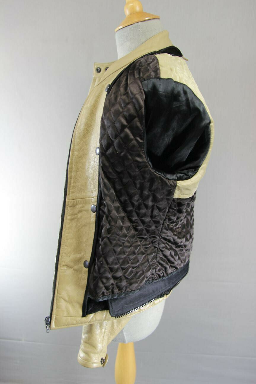 SUPERB RAWLAND BEIGE LEATHER BIKER JACKET WITH THERMAL LINING: 34 INCH/MEDIUM