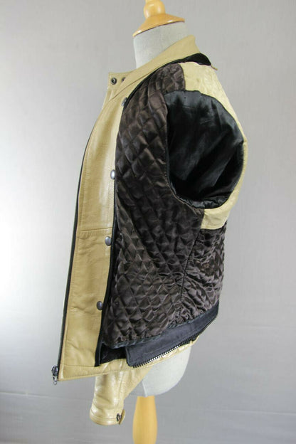 SUPERB RAWLAND BEIGE LEATHER BIKER JACKET WITH THERMAL LINING: 34 INCH/MEDIUM