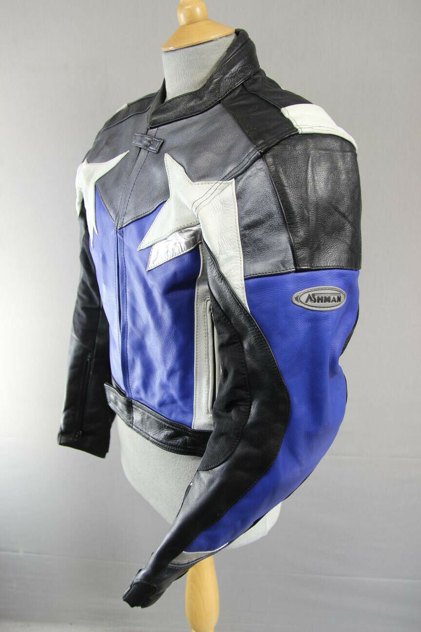 ASHMAN GREY, BLUE, BLACK & WHITE COWHIDE LEATHER BIKER JACKET + CE ARMOUR 40 IN