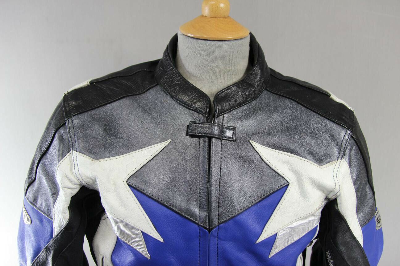 ASHMAN GREY, BLUE, BLACK & WHITE COWHIDE LEATHER BIKER JACKET + CE ARMOUR 40 IN