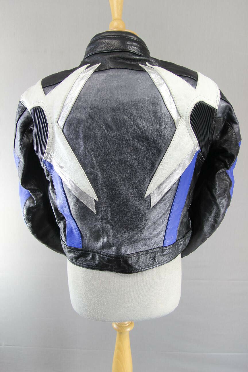 ASHMAN GREY, BLUE, BLACK & WHITE COWHIDE LEATHER BIKER JACKET + CE ARMOUR 40 IN