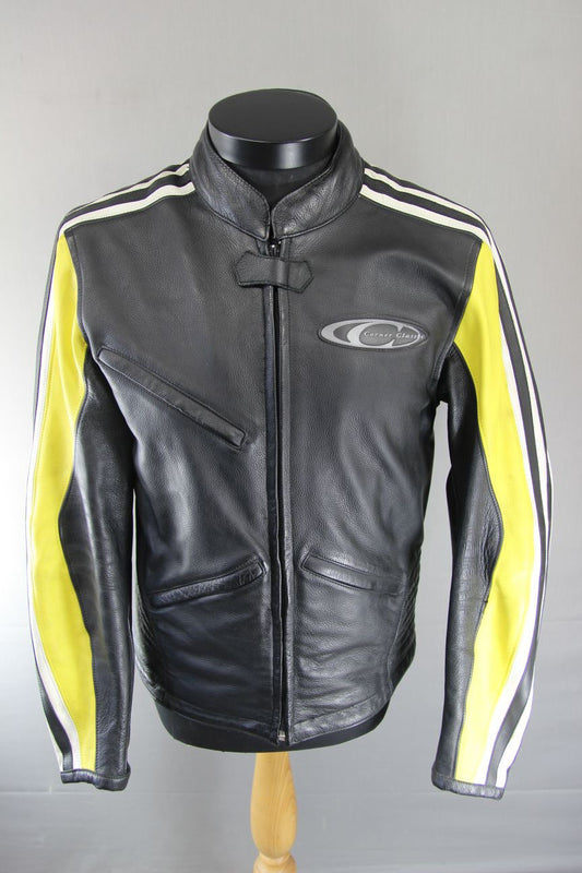CORNER CLASSIC BLACK, YELLOW & WHITE LEATHER BIKER JACKET WITH CE ARMOUR 40 INCH