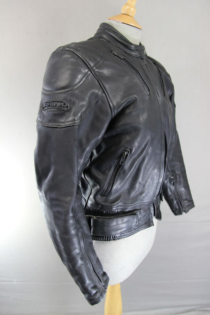 BRITISH DESIGNED RHINO BLACK COWHIDE LEATHER BIKER JACKET + PROTECTORS: SIZE 14