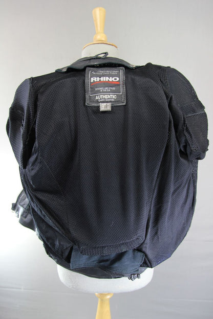 BRITISH DESIGNED RHINO BLACK COWHIDE LEATHER BIKER JACKET + PROTECTORS: SIZE 14