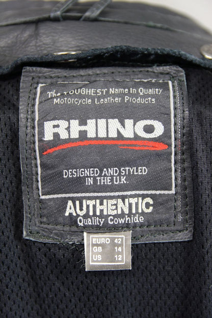 BRITISH DESIGNED RHINO BLACK COWHIDE LEATHER BIKER JACKET + PROTECTORS: SIZE 14
