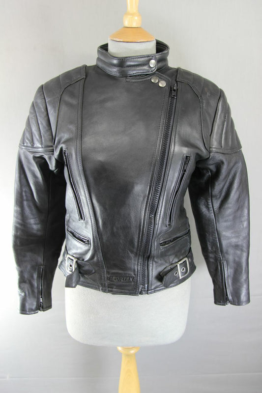 CLASSIC SPORTEX A5 BLACK LEATHER BIKER JACKET: SIZE 12