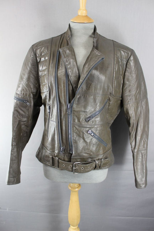 VINTAGE 1970's CLASSIC WILSON PUNK ROCK BROWN LEATHER BIKER JACKET 40 INCH
