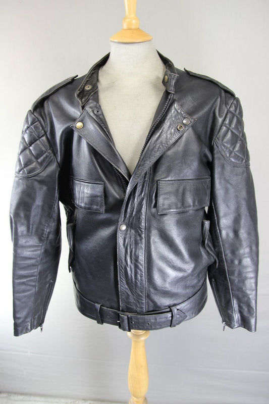 VINTAGE 80's CRUSADER BY MIKE LEWIS BRITISH MADE BLACK LEATHER BIKER JCKT 40-42"