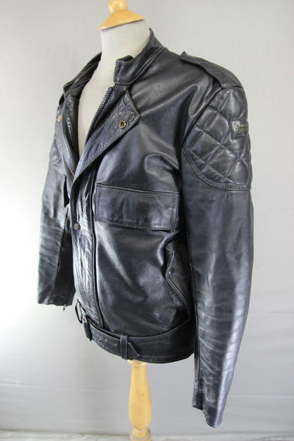 VINTAGE 80's CRUSADER BY MIKE LEWIS BRITISH MADE BLACK LEATHER BIKER JCKT 40-42"