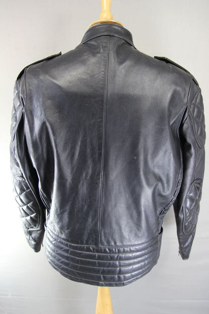 VINTAGE 80's CRUSADER BY MIKE LEWIS BRITISH MADE BLACK LEATHER BIKER JCKT 40-42"