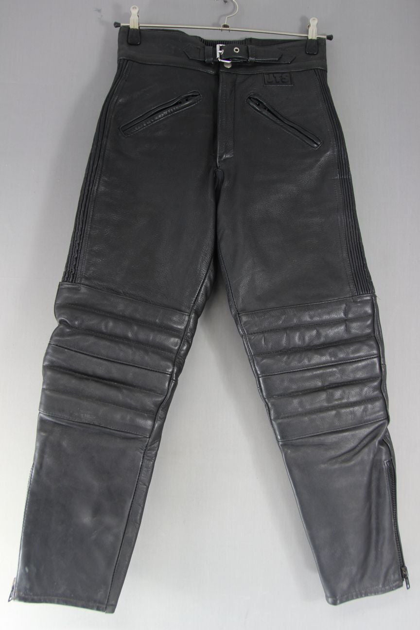 JTS BLACK LEATHER BIKER TROUSERS: WAIST 30 INCH/INSIDE LEG 28 INCH (SHORT FIT)