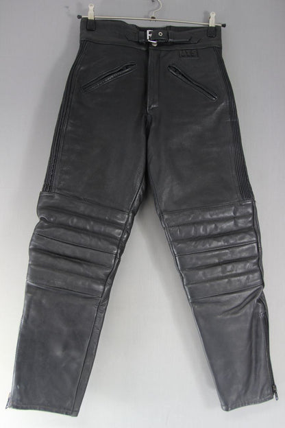 JTS BLACK LEATHER BIKER TROUSERS: WAIST 30 INCH/INSIDE LEG 28 INCH (SHORT FIT)
