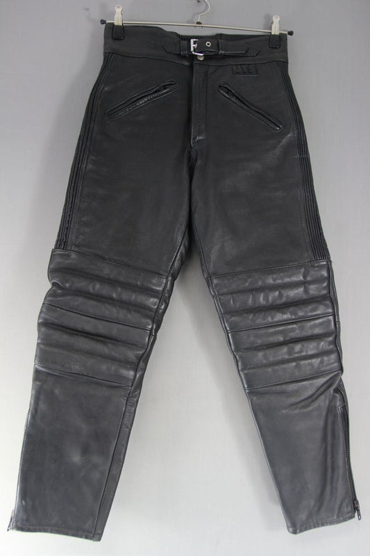 JTS BLACK LEATHER BIKER TROUSERS: WAIST 30 INCH/INSIDE LEG 28 INCH (SHORT FIT)