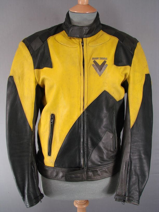 FRANK THOMAS BLACK/YELLOW/GREY LEATHER BIKER JCKT & REMOVABLE BACK PROTECTOR 40"