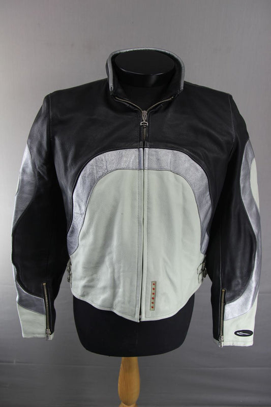 SUPERB CORNER BLACK, GREY & SILVER LEATHER BIKER JACKET 38 INCH