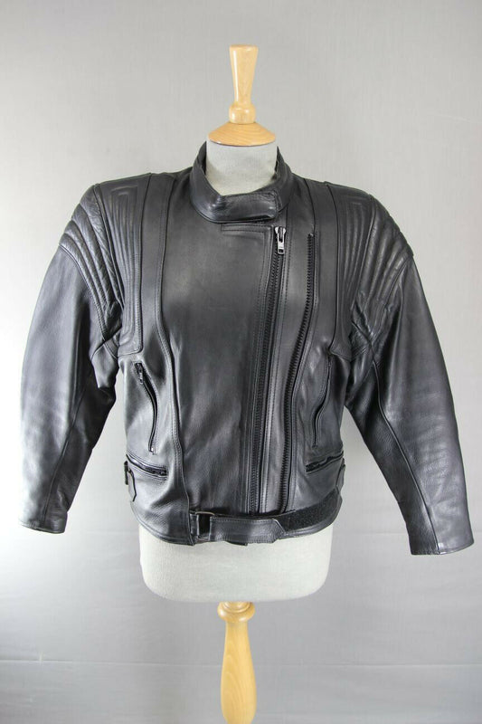IMMACULATE BRITISH MADE BLACK COWHIDE LEATHER BIKER'S PARADISE JACKET: SIZE 14