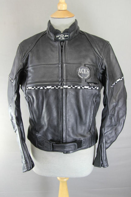SUPERB MQP 'ACES OF THE TRACK' BLACK LEATHER BIKER JACKET 36 INCH/SIZE 12