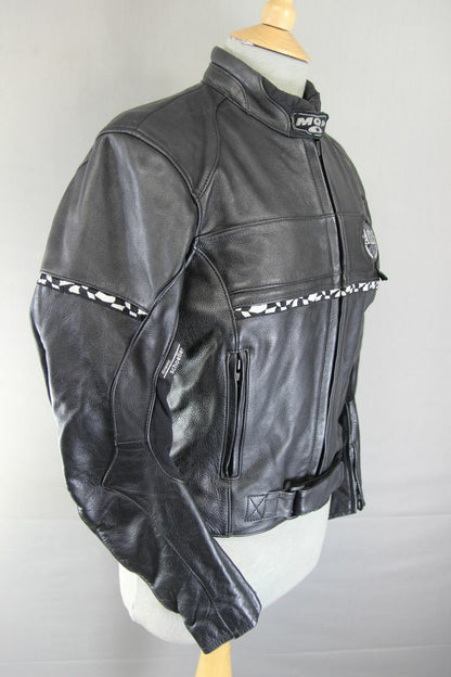 SUPERB MQP 'ACES OF THE TRACK' BLACK LEATHER BIKER JACKET 36 INCH/SIZE 12