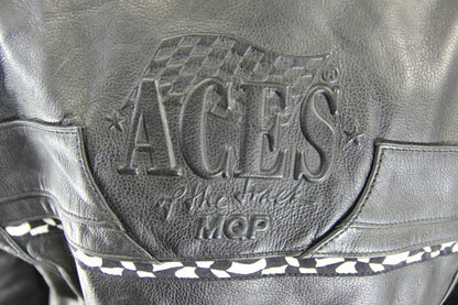 SUPERB MQP 'ACES OF THE TRACK' BLACK LEATHER BIKER JACKET 36 INCH/SIZE 12