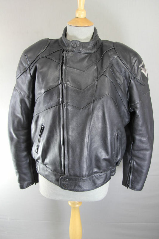 CLASSIC FRANK THOMAS BLACK LEATHER BIKER JACKET WITH BACK PROTECTOR: SIZE 14
