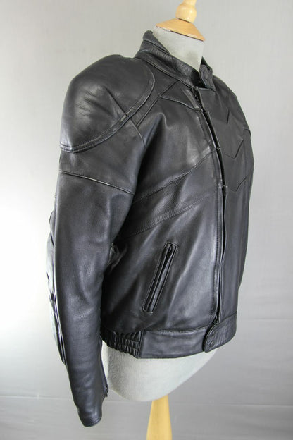 CLASSIC FRANK THOMAS BLACK LEATHER BIKER JACKET WITH BACK PROTECTOR: SIZE 14