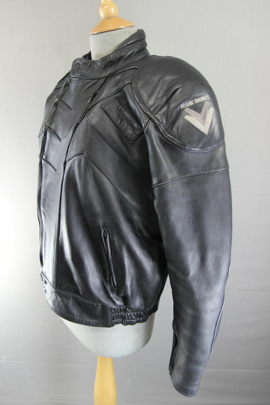 CLASSIC FRANK THOMAS BLACK LEATHER BIKER JACKET WITH BACK PROTECTOR: SIZE 14