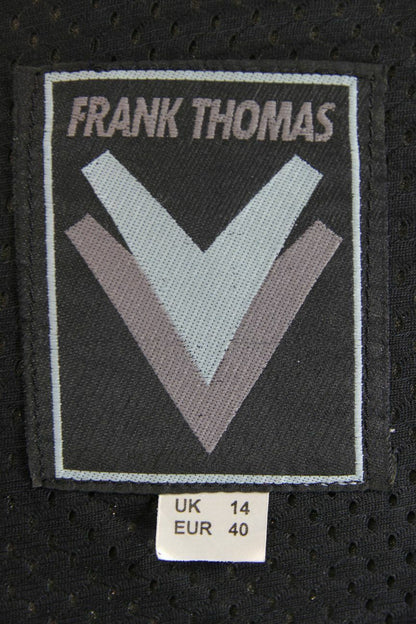 CLASSIC FRANK THOMAS BLACK LEATHER BIKER JACKET WITH BACK PROTECTOR: SIZE 14