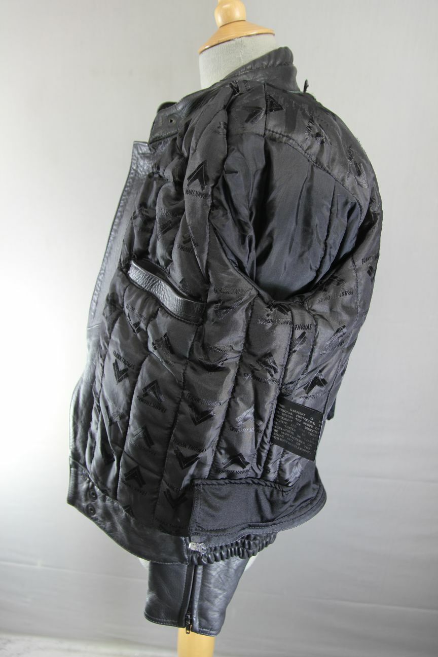 CLASSIC FRANK THOMAS BLACK LEATHER BIKER JACKET WITH BACK PROTECTOR: SIZE 14
