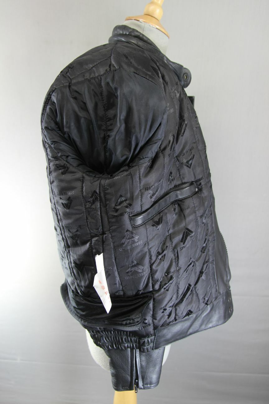 CLASSIC FRANK THOMAS BLACK LEATHER BIKER JACKET WITH BACK PROTECTOR: SIZE 14