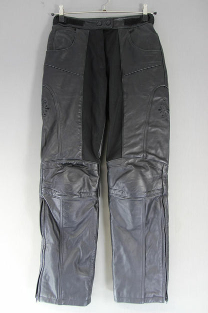 RACER BLACK LEATHER BIKER JEANS/TROUSERS + CE ARMOUR: WAIST 30IN/INSIDE LEG 31IN