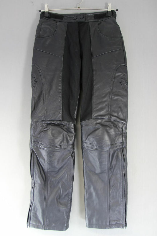 RACER BLACK LEATHER BIKER JEANS/TROUSERS + CE ARMOUR: WAIST 30IN/INSIDE LEG 31IN