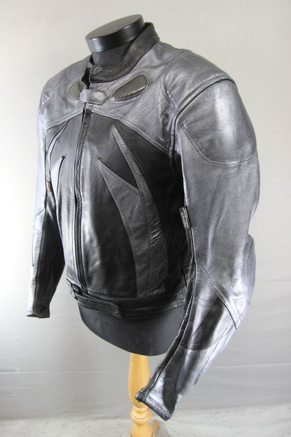 BLACK & SILVER BIKERS GEARBOX LEATHER BIKER JACKET WITH REMOVABLE PROTECTORS 44"
