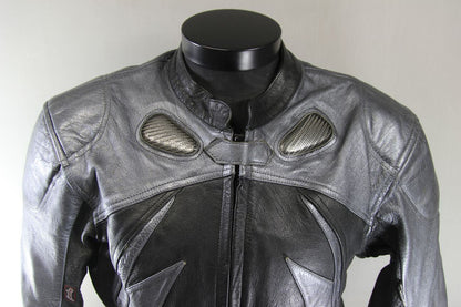 BLACK & SILVER BIKERS GEARBOX LEATHER BIKER JACKET WITH REMOVABLE PROTECTORS 44"