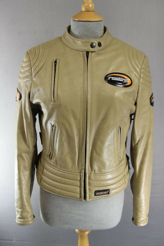 SUPERB RAWLAND BEIGE LEATHER BIKER JACKET WITH THERMAL LINING: 34 INCH/MEDIUM