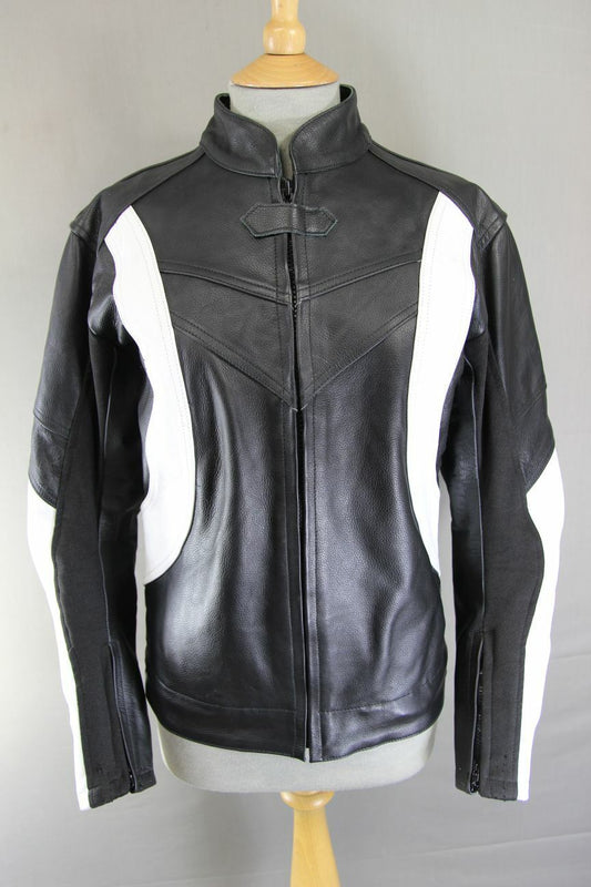 BLACK & WHITE LEATHER BIKER JACKET WITH REMOVABLE CE ARMOUR & RACE HUMP 38 INCH