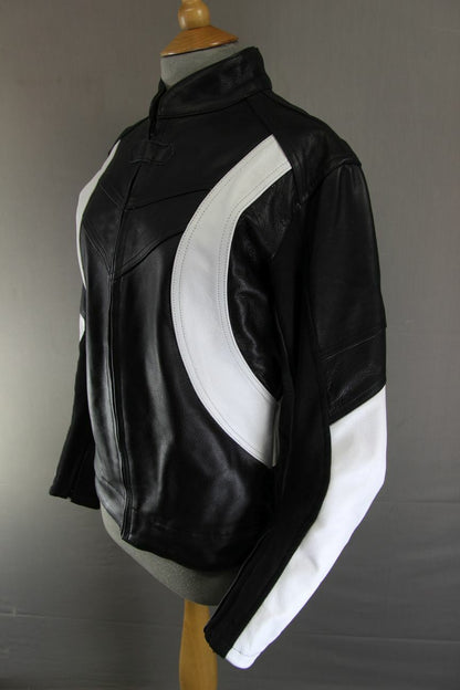 BLACK & WHITE LEATHER BIKER JACKET WITH REMOVABLE CE ARMOUR & RACE HUMP 38 INCH