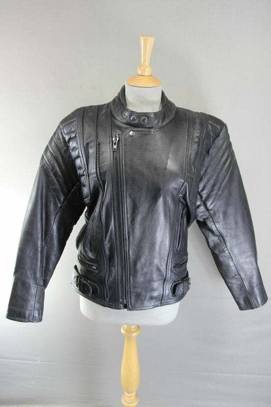 CLASSIC EURO STYLE BLACK LEATHER BIKER JACKET WITH REMOVABLE BACK PROTECTOR 38IN