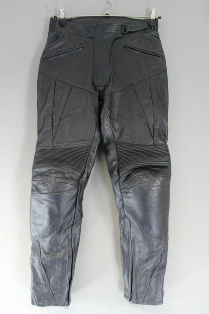 TEXPEED BLACK LEATHER BIKER TROUSERS+CE ARMOUR SIZE 10: WAIST 32"/INSIDE LEG 29"