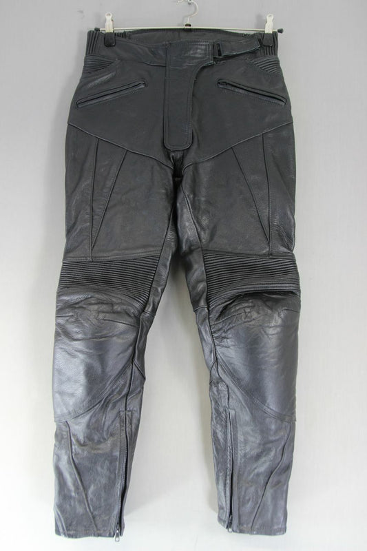TEXPEED BLACK LEATHER BIKER TROUSERS+CE ARMOUR SIZE 10: WAIST 32"/INSIDE LEG 29"