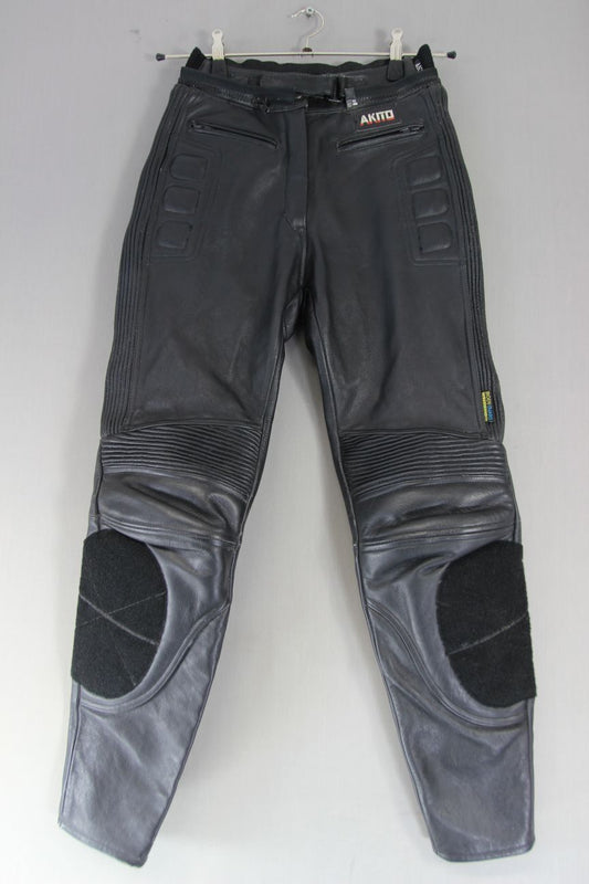 AKITO BLACK LEATHER BIKER TROUSERS + CE KNEE ARMOUR: SIZE 10 WAIST 26IN/LEG 29IN