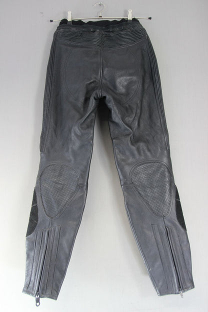 AKITO BLACK LEATHER BIKER TROUSERS + CE KNEE ARMOUR: SIZE 10 WAIST 26IN/LEG 29IN