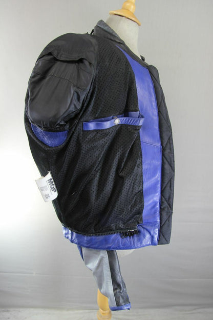 MQP 'ACES OF THE TRACK' BLUE, BLACK & SILVER LEATHER BIKER JACKET+CE ARMOUR 44IN