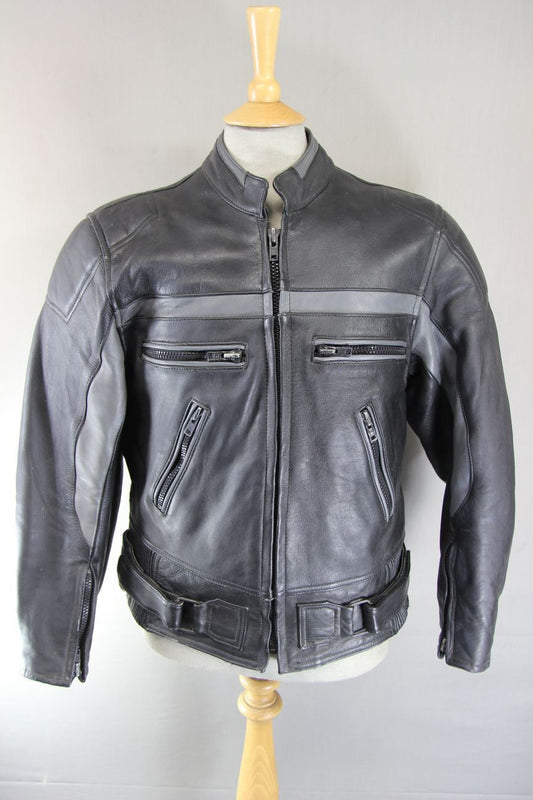 SPORTEX STRIKE BLACK & GREY LEATHER BIKER JACKET WITH REMOVABLE PROTECTORS 40 IN