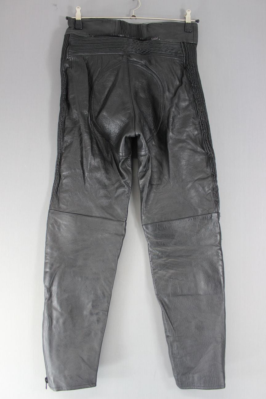 CLASSIC BLACK LEATHER BIKER TROUSERS: WAIST 30 INCHES/INSIDE LEG 29 INCHES