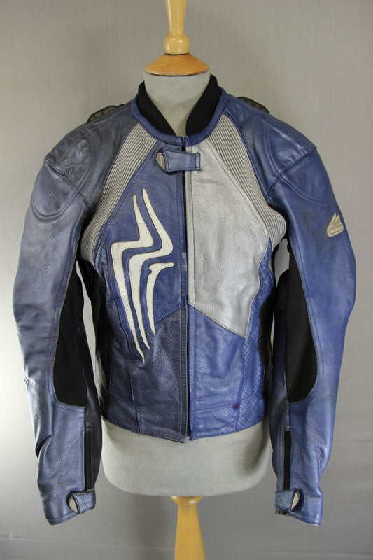 HEIN GERICKE PRO SPORTS BLUE, SILVER & BLACK LEATHER BIKER JACKET+CE ARMOUR 36IN