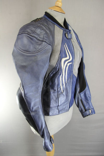 HEIN GERICKE PRO SPORTS BLUE, SILVER & BLACK LEATHER BIKER JACKET+CE ARMOUR 36IN