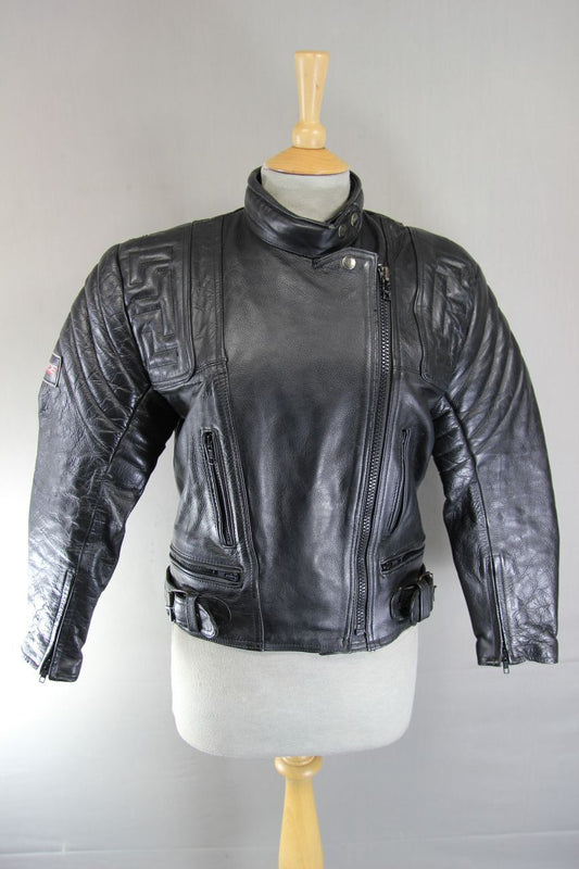 CLASSIC AKITO T-FORCE BLACK LEATHER BIKER JACKET: SIZE 12/34 -36 INCH CHEST